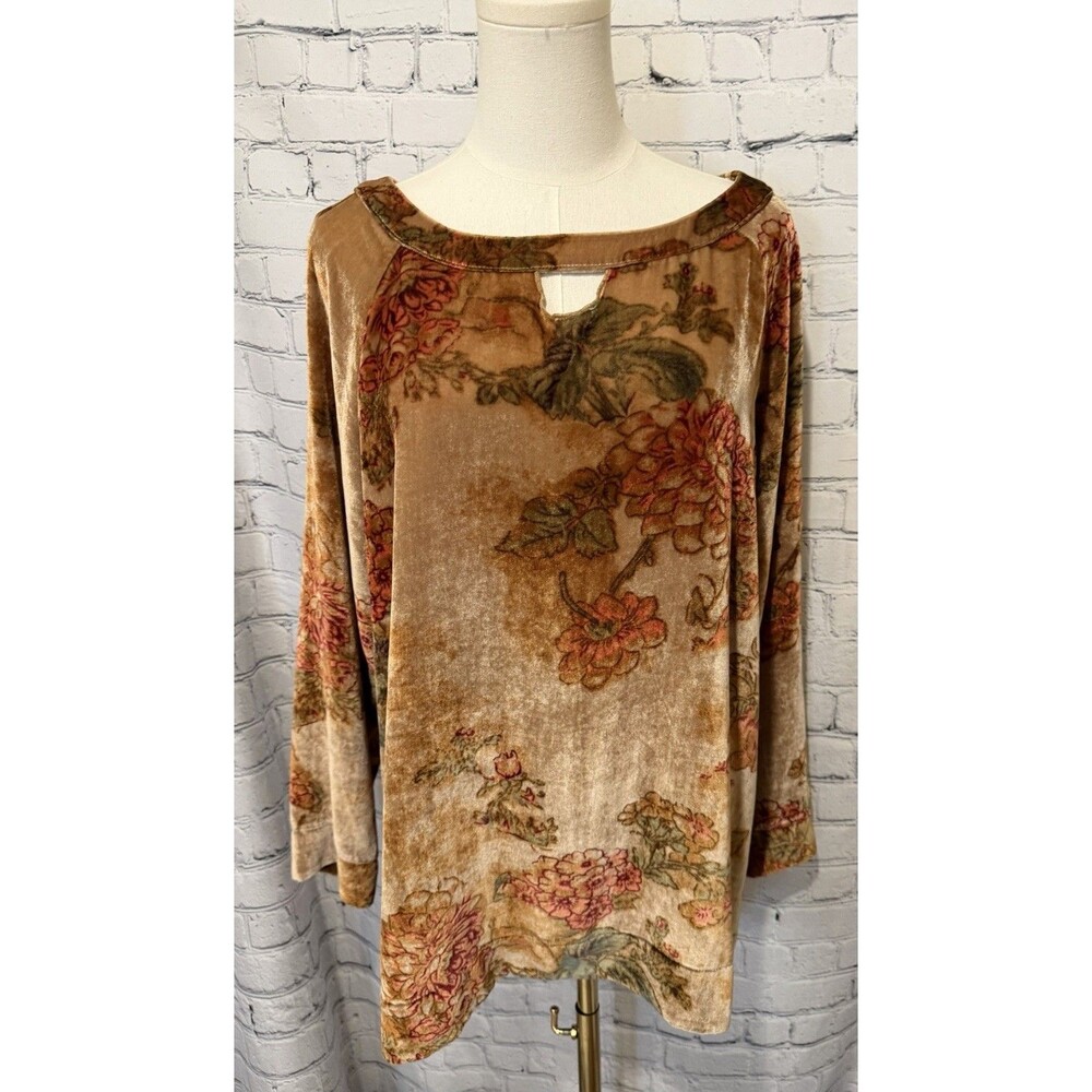Soft Surroundings Gold Velour Floral Pullover Long Sleeve Top Silk Blend Size XL